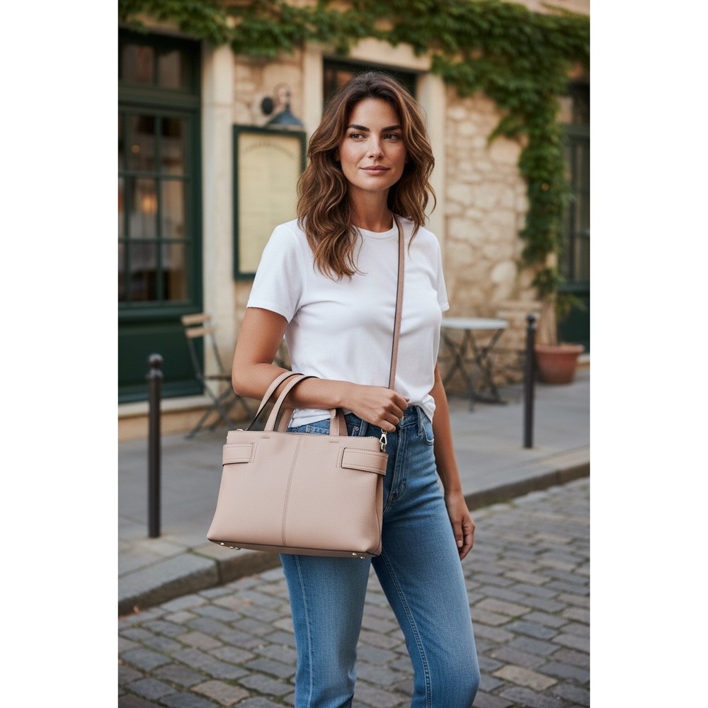 Vince Camuto Leather Bag Beige with Dual Handles and Shoulder Strap